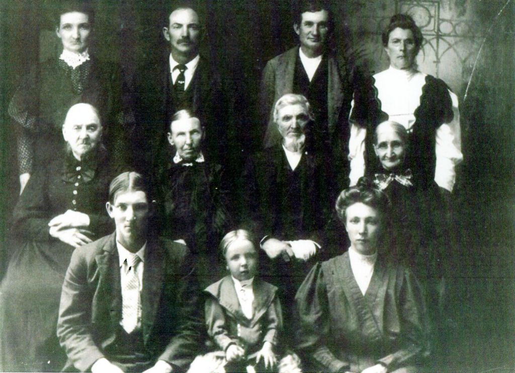 Front row, L-R: Jess, Kenneth & Nellie (Main) Gladfelder Middle row, L-R:  Ruth (Funkouser) Hiner, Phoebe (Buck) & John Charles Gladfelder, Mary McDanel Back Row, L-R:  Hannah (Kaster) & David Gladfelder, Lymon & Leone Main  (submitted by Keith Buck , KBucks4@aol.com)