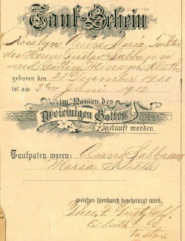 Rosalyn Sabbann baptism certificate - close-up