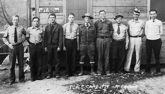 Postcard from McGregor showing CCC camp office & members.