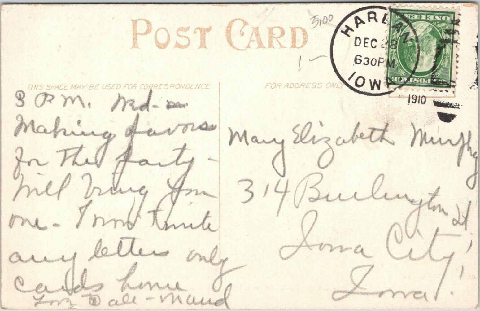 Lover's Lane, Harlan, Iowa Postcard Back